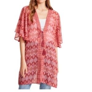 Steve Madden sheer floral kimono cover up Printed Short Sleeve, swim shirt, top